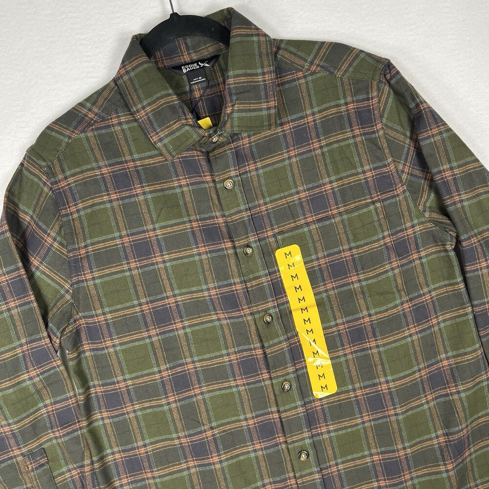 Eddie Bauer Mens M Green Plaid Flannel Long Sleeve Button Up Shirt NWT